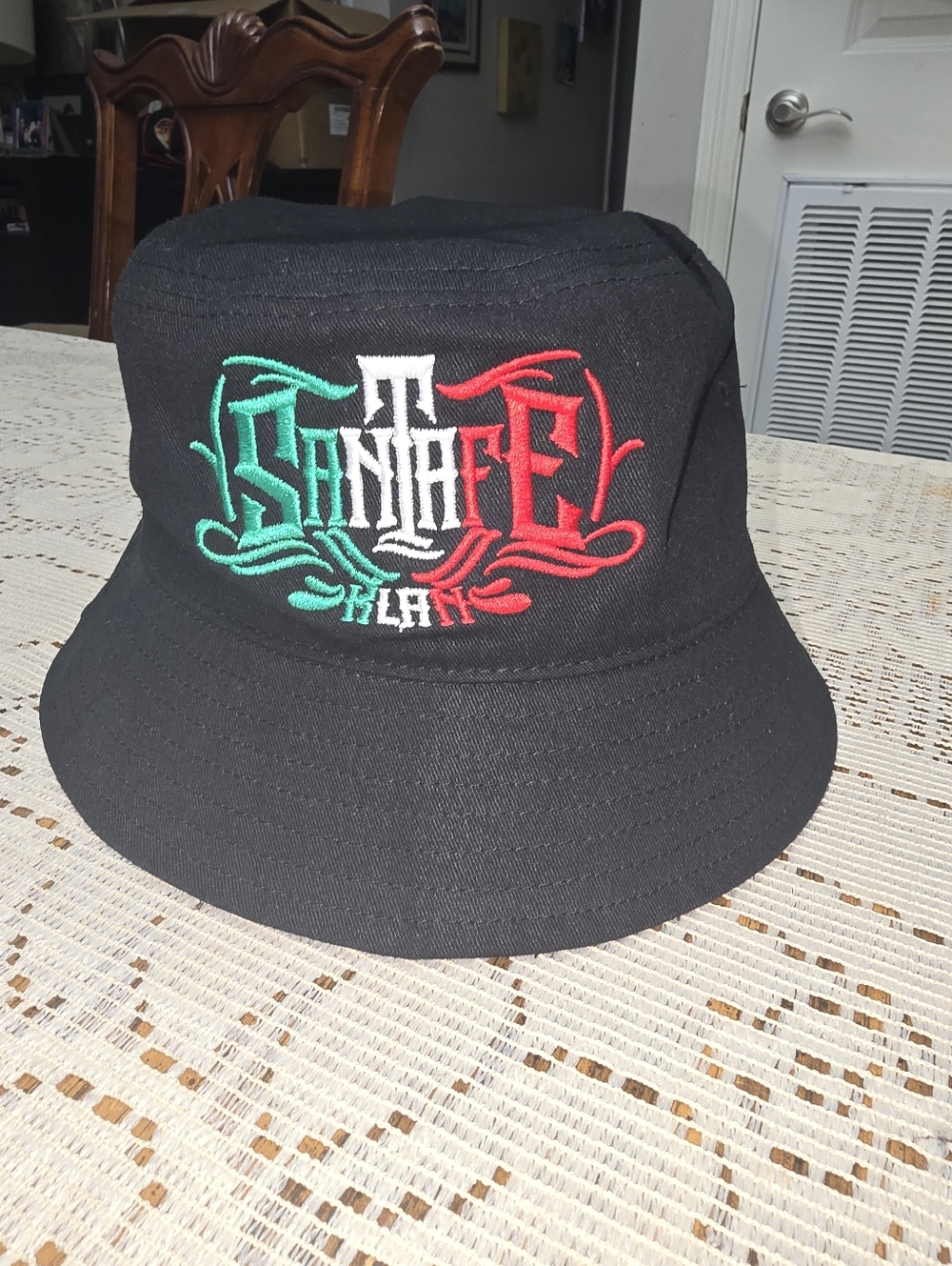 Black Bucket Hat with Green, White & Red Embroidered "SANTA FE"